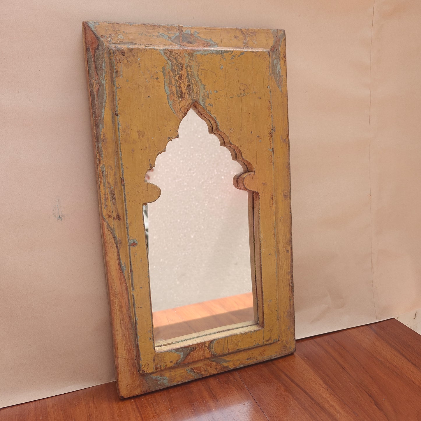 Distressed mustard yellow wood Jharokha mirror frame with arched mihrab design 7