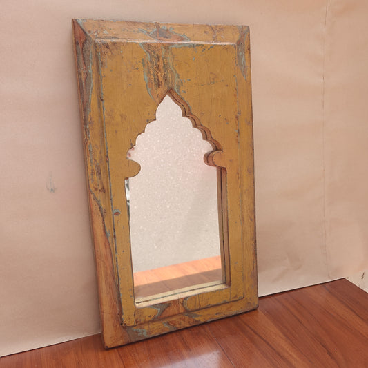 Distressed mustard yellow wood Jharokha mirror frame with arched mihrab design 7