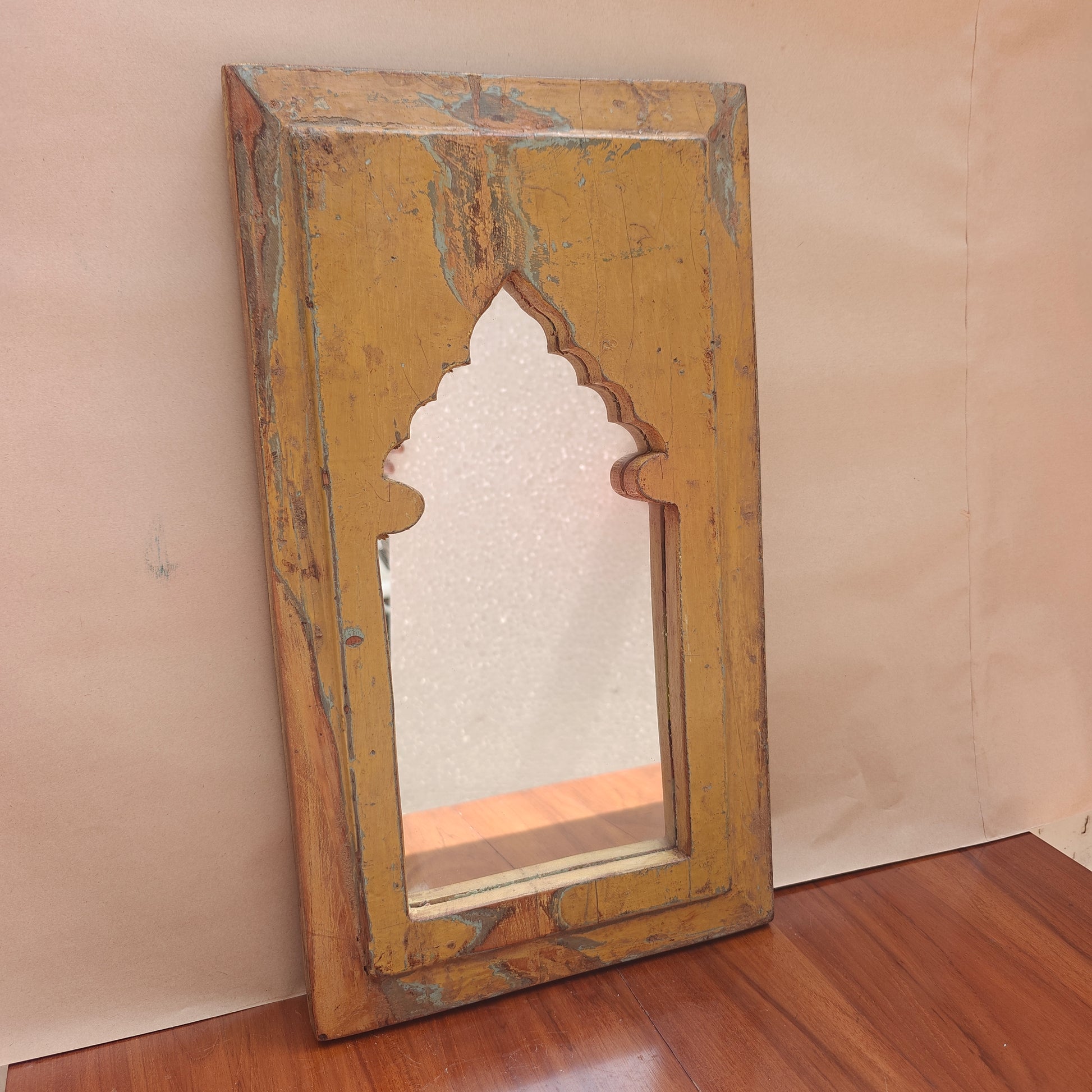 Distressed mustard yellow wood Jharokha mirror frame with arched mihrab design 6