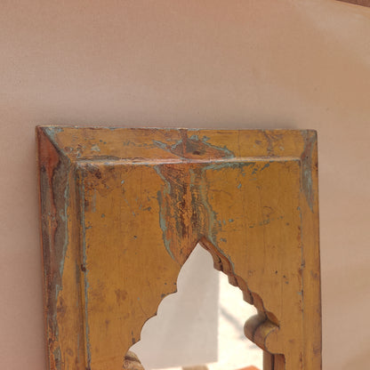 Distressed mustard yellow wood Jharokha mirror frame with arched mihrab design 5