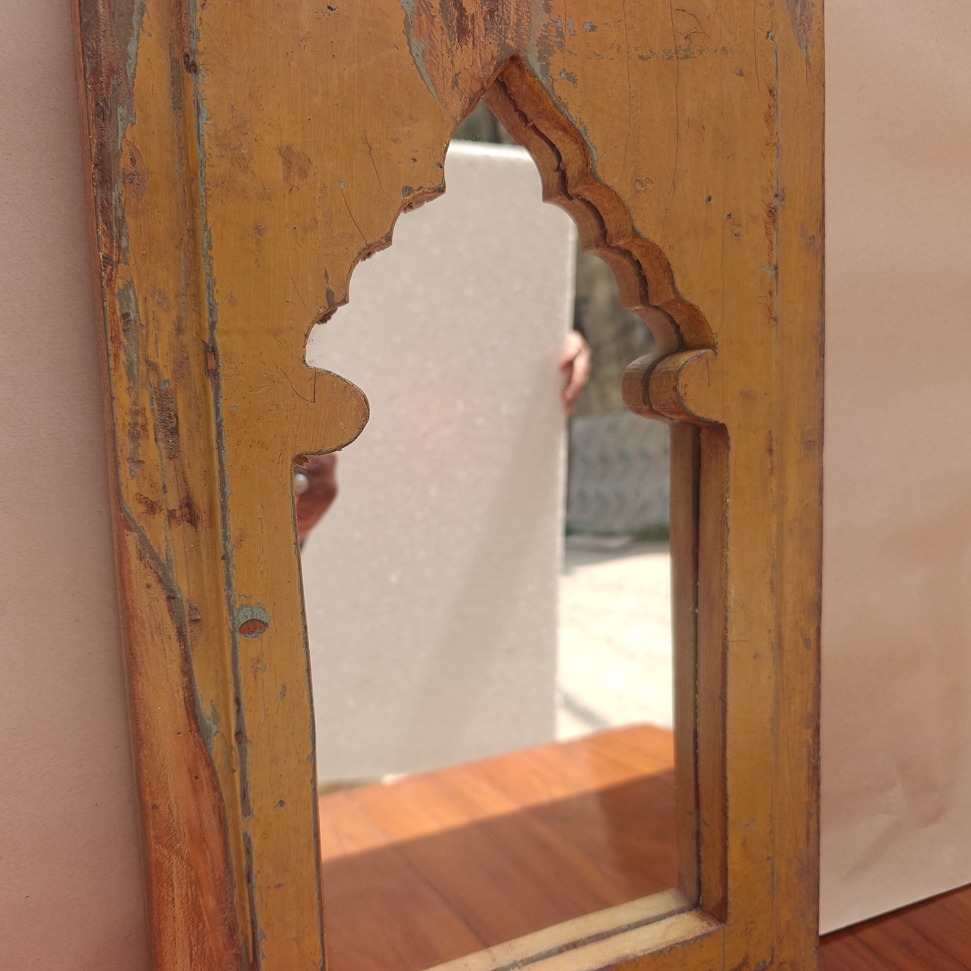 Distressed mustard yellow wood Jharokha mirror frame with arched mihrab design 4