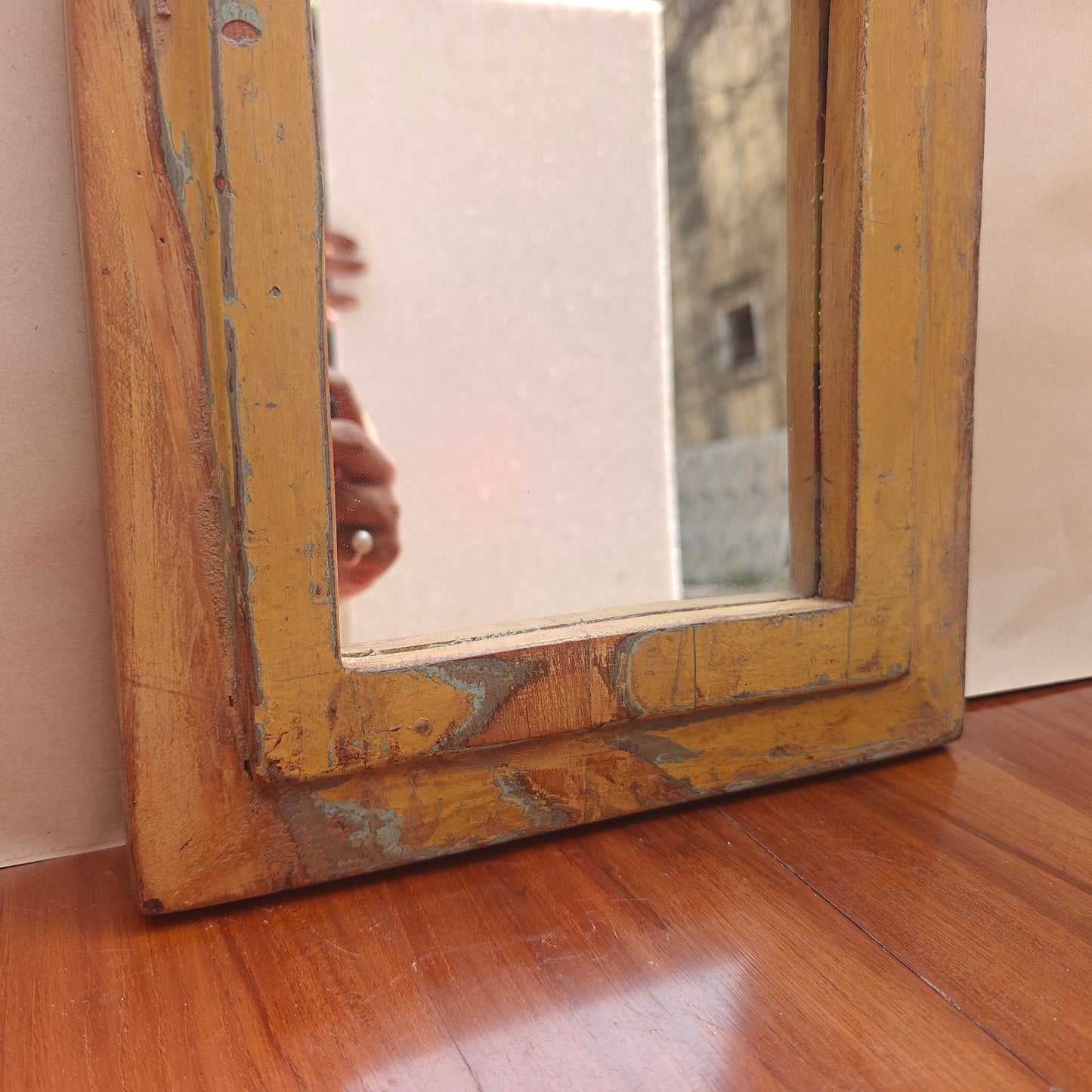 Distressed mustard yellow wood Jharokha mirror frame with arched mihrab design-2