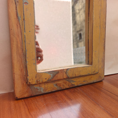 Distressed mustard yellow wood Jharokha mirror frame with arched mihrab design-2