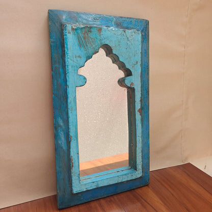 Distressed turquoise blue wood Jharokha mirror frame arched mihrab design side angle