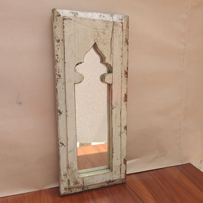Distressed white wood Jharokha mirror frame with narrow arched mihrab design 5