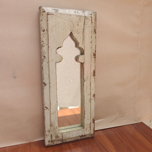Distressed white wood Jharokha mirror frame with narrow arched mihrab design 5