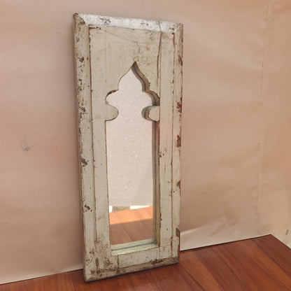 Distressed white wood Jharokha mirror frame with narrow arched mihrab design 4