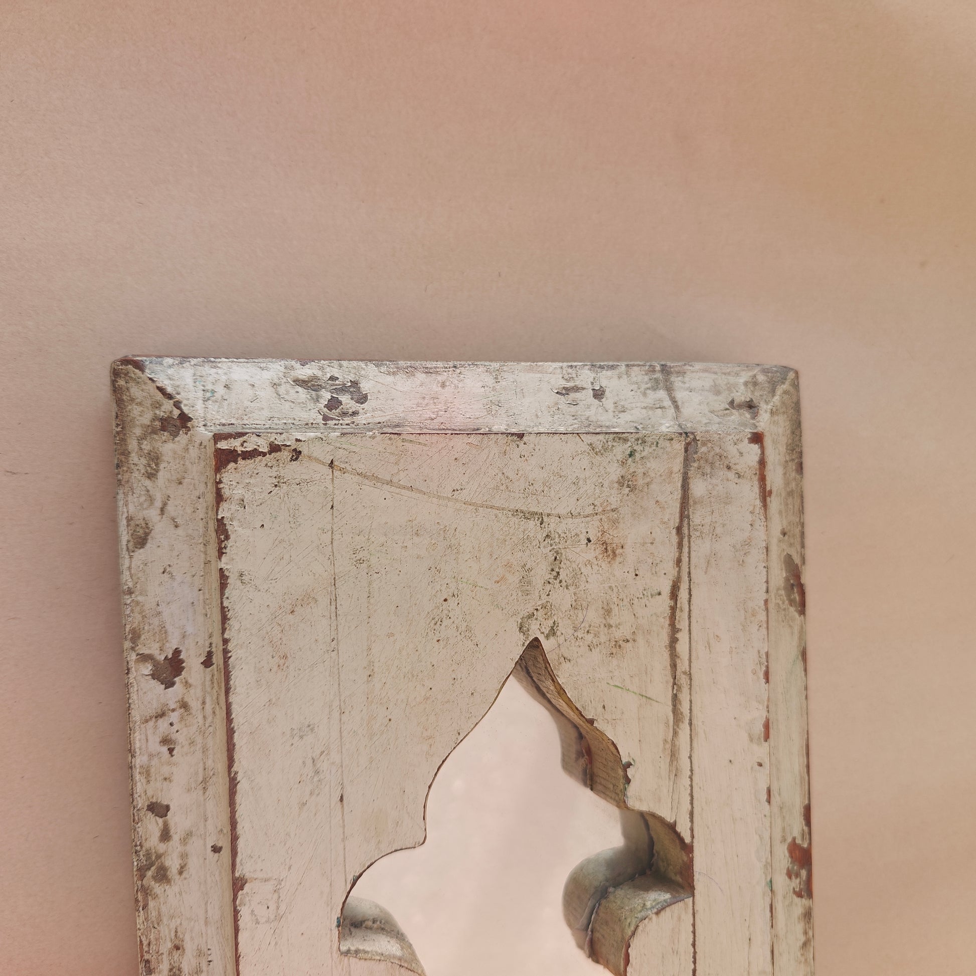 Distressed white wood Jharokha mirror frame with narrow arched mihrab design 3