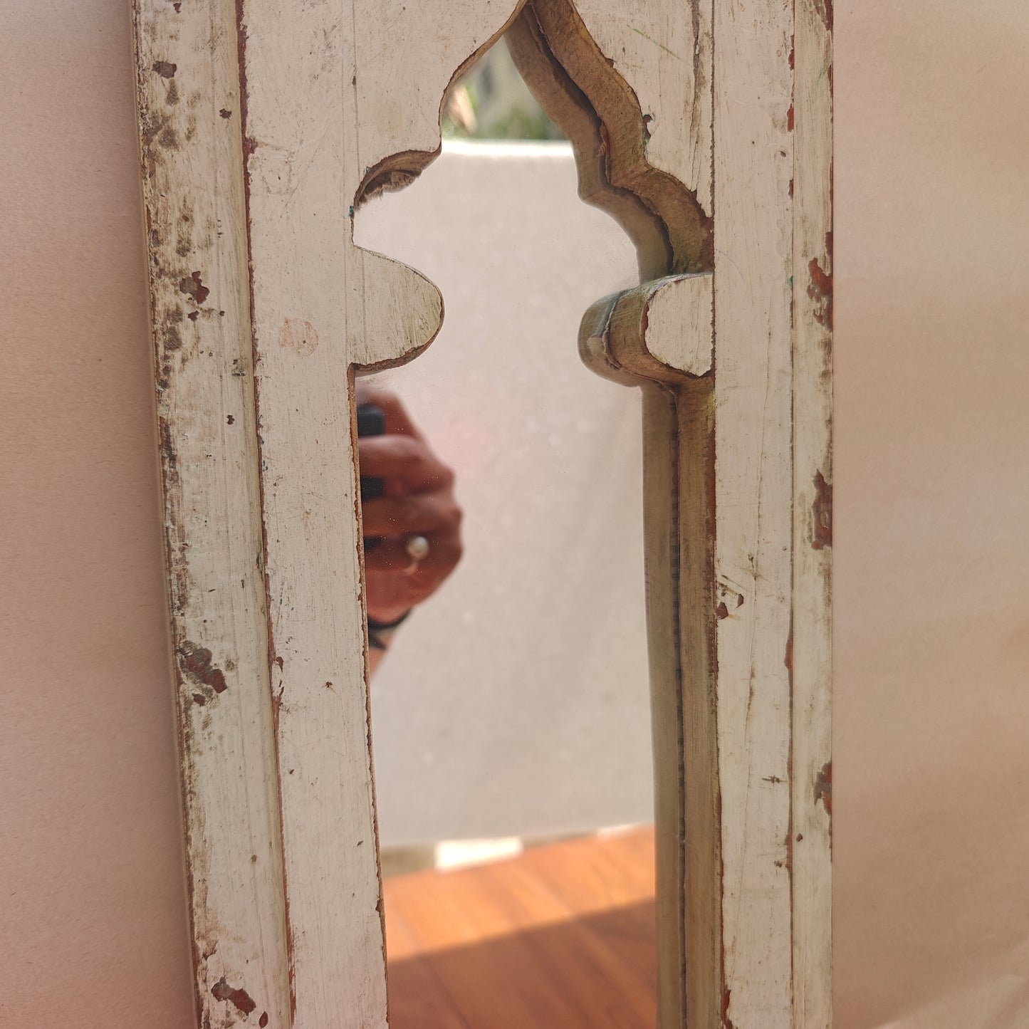 Distressed white wood Jharokha mirror frame with narrow arched mihrab design 2