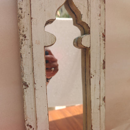 Distressed white wood Jharokha mirror frame with narrow arched mihrab design 2