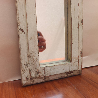 Distressed white wood Jharokha mirror frame with narrow arched mihrab design 1