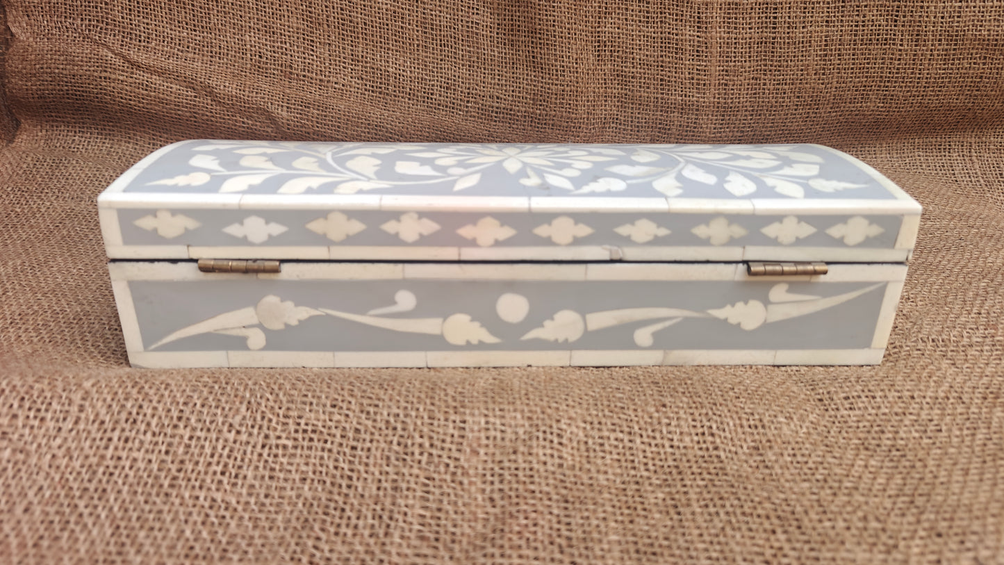 Bone Inlay Floral Box | Grey Resin | Handcrafted Jewellery & Keepsake Box | 12x4 inch