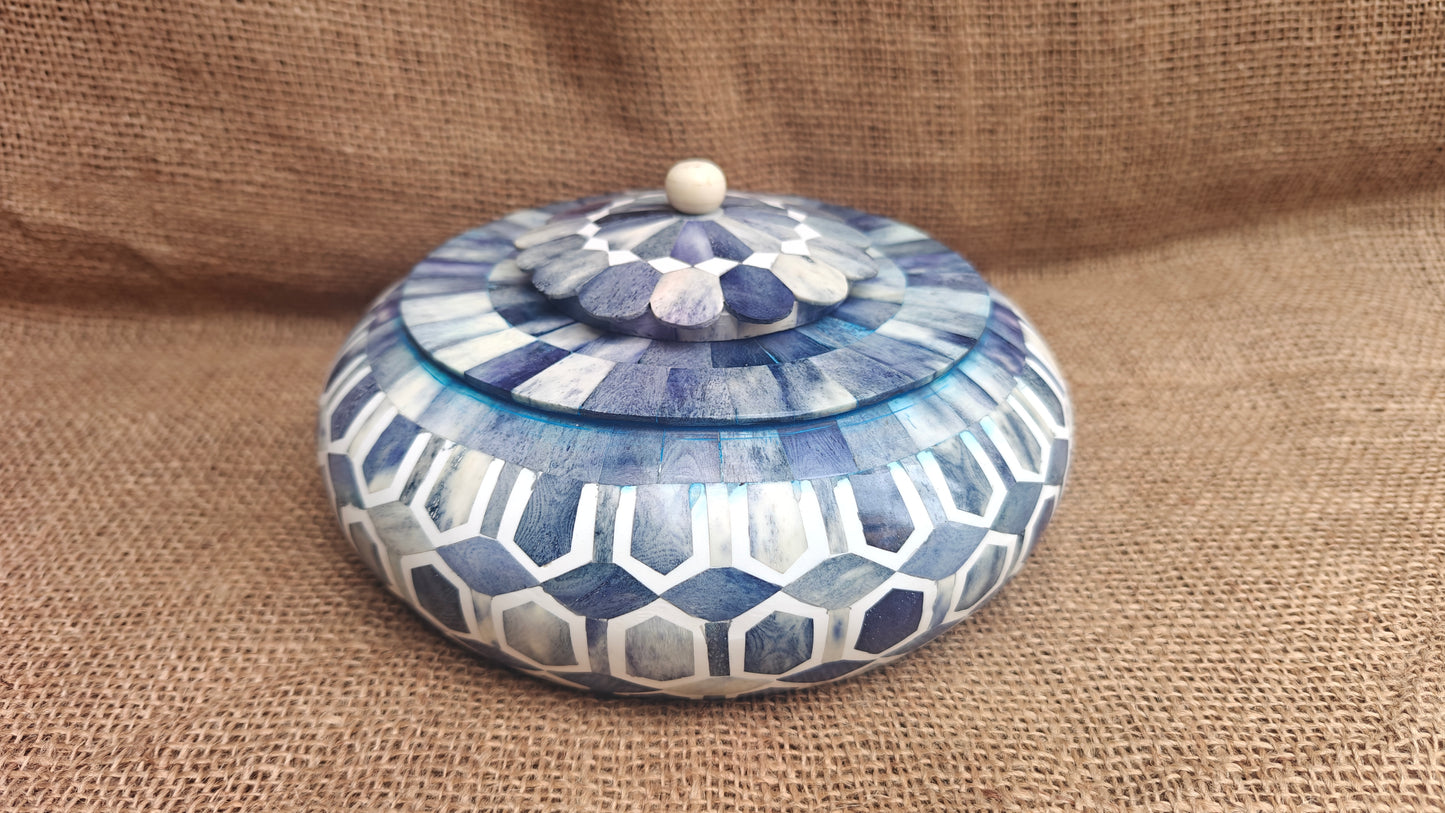Bone Inlay Tobacco Box | Blue Bone & White Resin | Handcrafted Decorative Box | 8x8 inch