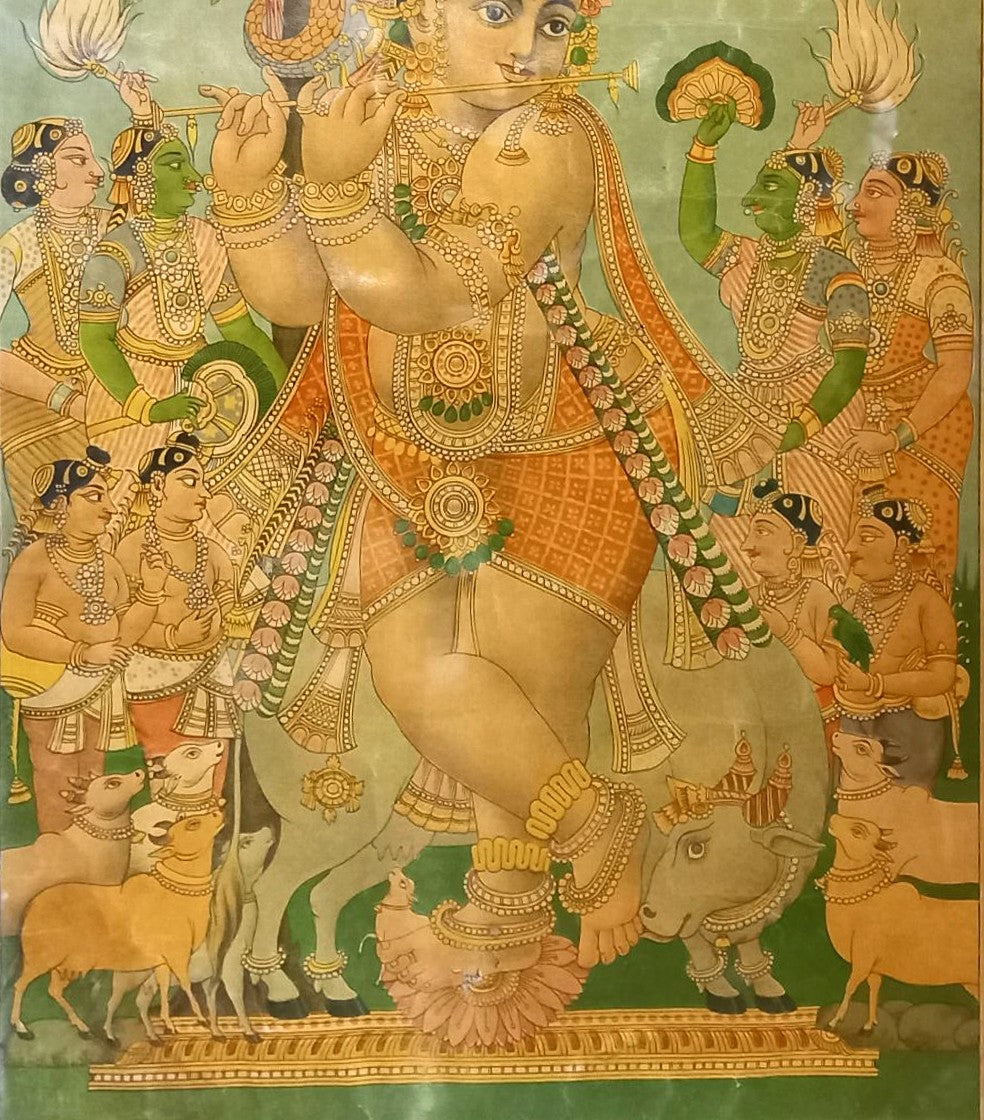 Vintage Ravi Varma Press Lithograph – Krishna Playing the Flute with Gopis and Cows (Framed)