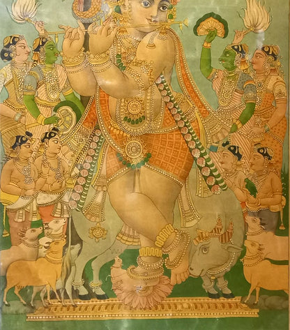 Vintage Ravi Varma Press Lithograph – Krishna Playing the Flute with Gopis and Cows (Framed)