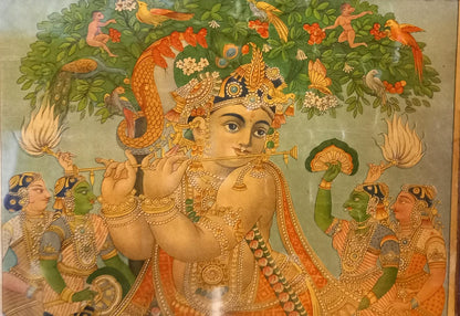 Vintage Ravi Varma Press Lithograph – Krishna Playing the Flute with Gopis and Cows (Framed)