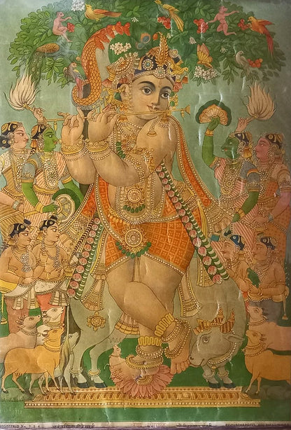 Vintage Ravi Varma Press Lithograph – Krishna Playing the Flute with Gopis and Cows (Framed)