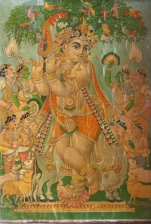 Vintage Ravi Varma Press Lithograph – Krishna Playing the Flute with Gopis and Cows (Framed)