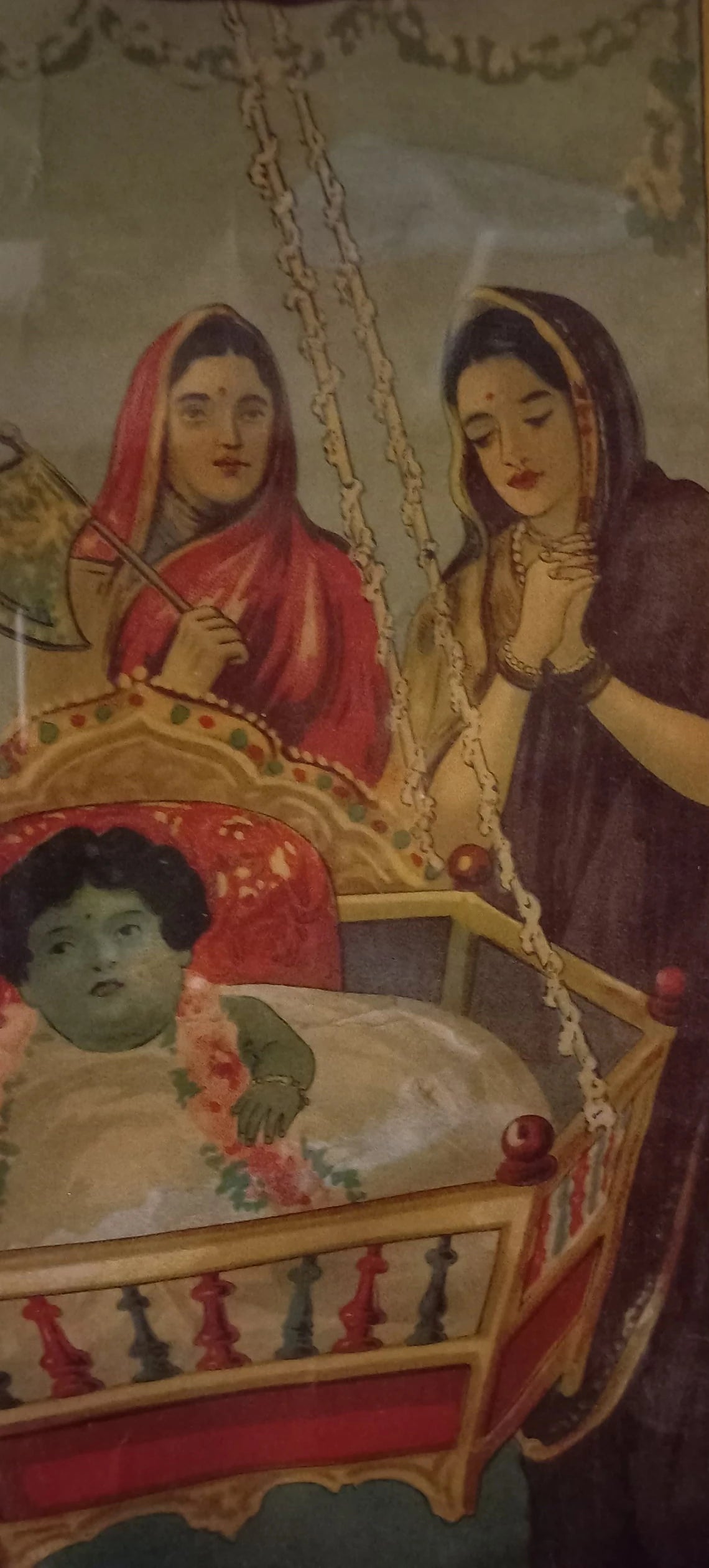 Vintage Ravi Varma Press “Krishna Janma” Chromolithograph – Birth of Krishna, Framed Print, Bombay