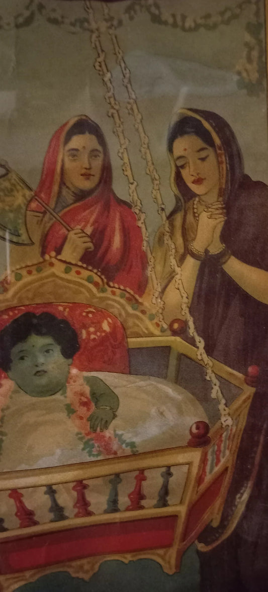 Vintage Ravi Varma Press “Krishna Janma” Chromolithograph – Birth of Krishna, Framed Print, Bombay