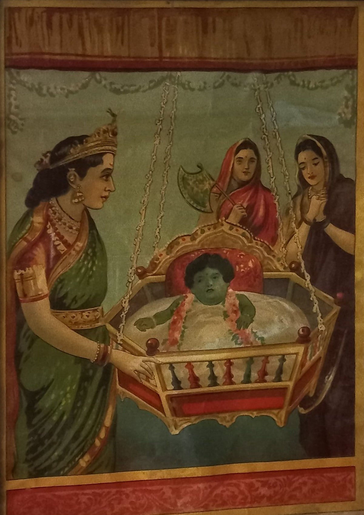 Vintage Ravi Varma Press “Krishna Janma” Chromolithograph – Birth of Krishna, Framed Print, Bombay