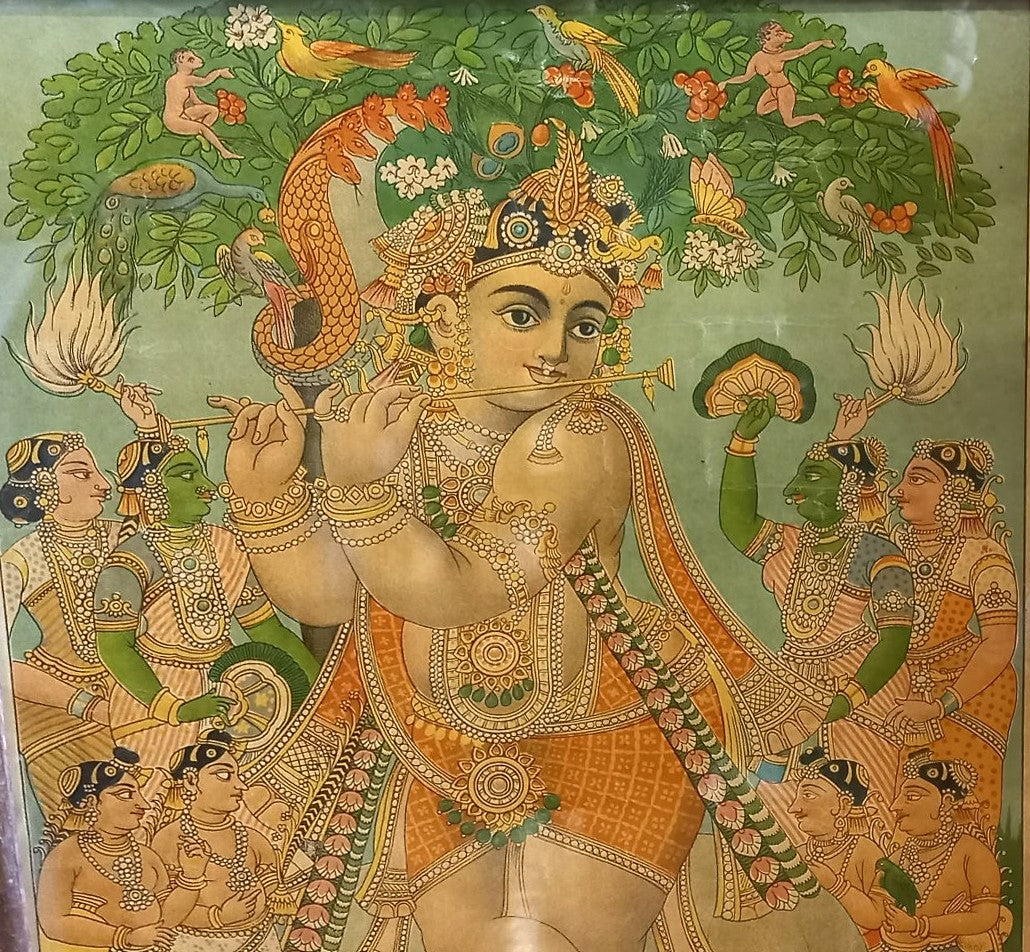 Vintage Ravi Varma Press Lithograph – Krishna Playing the Flute with Gopis and Cows (Framed)