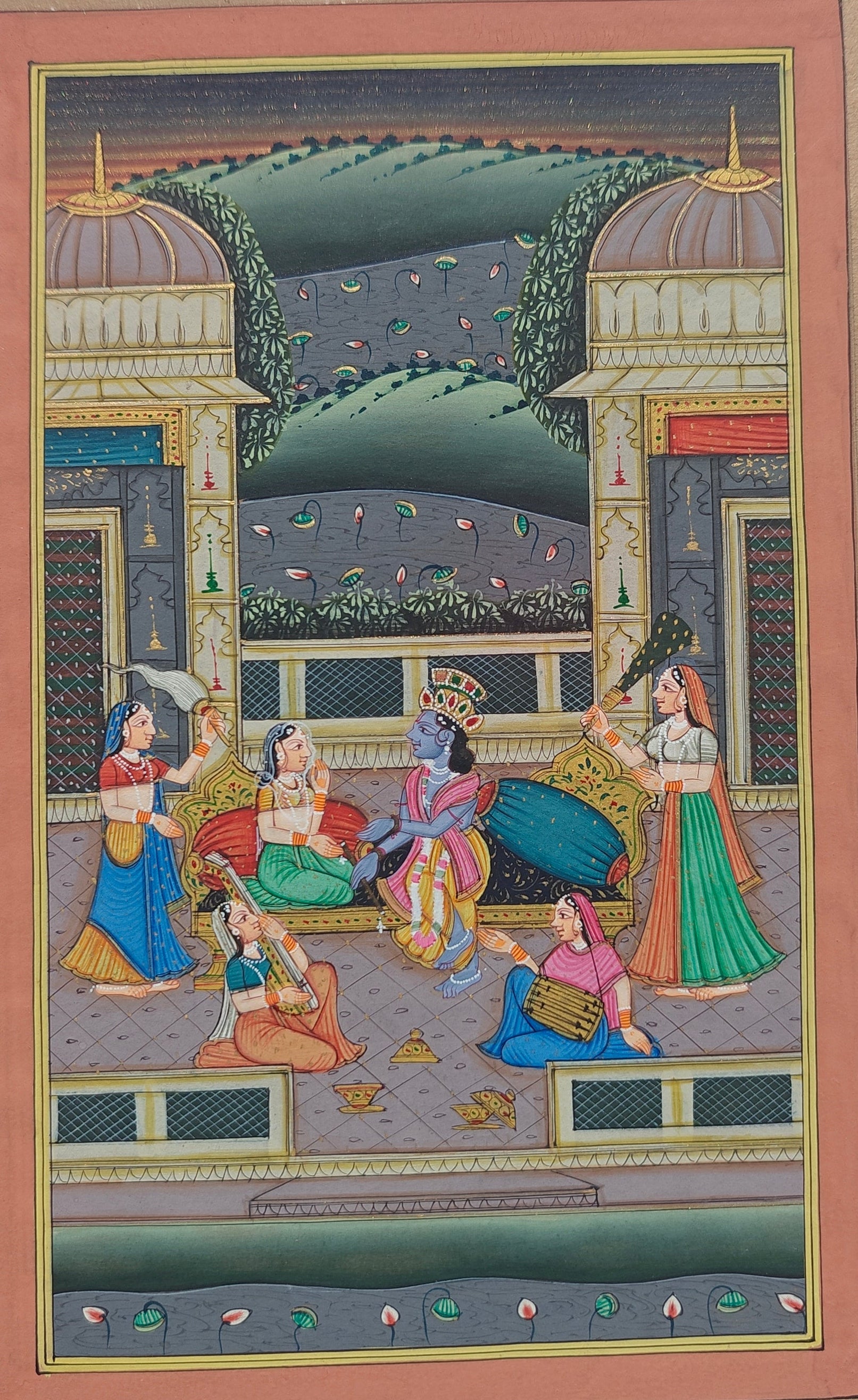 Angled view of Krishna with gopis miniature painting on paper showing border and texture