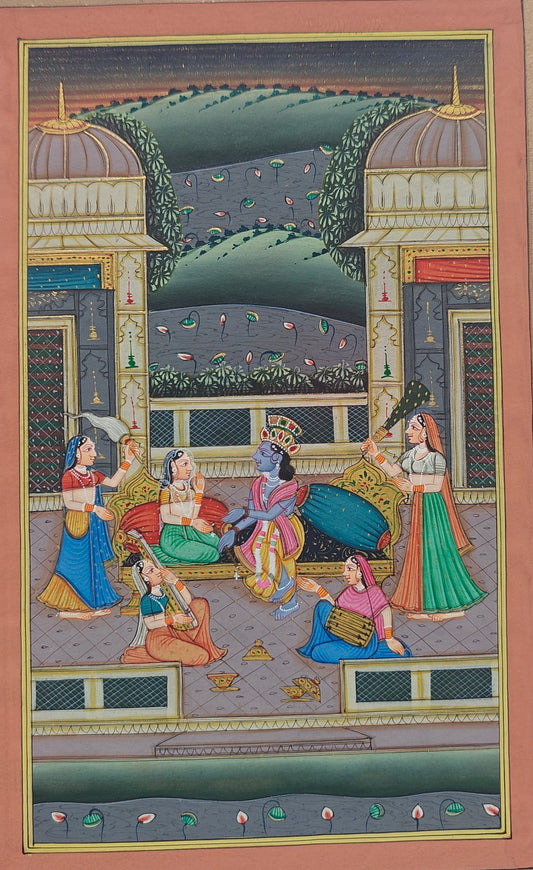 Angled view of Krishna with gopis miniature painting on paper showing border and texture