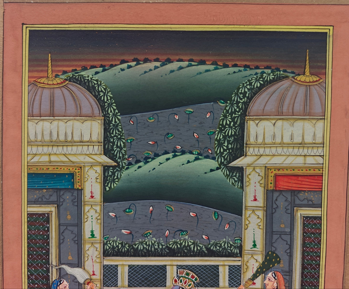Close-up of Krishna and consort seated on ornate seat in palace miniature painting