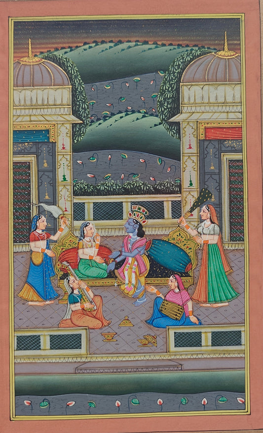 Handpainted Krishna with gopis miniature painting on paper, unframed, 15.5 x 25.5 cm