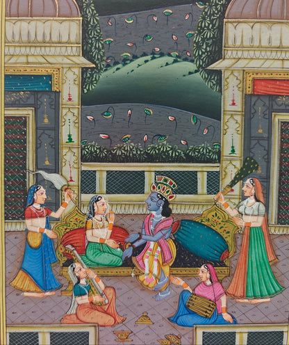 Detail of gopis, domed pavilions and patterned floor in Krishna with gopis miniature artwork