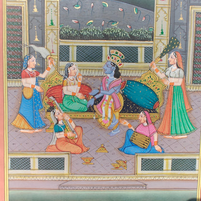 Krishna with gopis miniature painting on paper styled with decor accessories