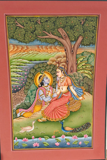 Radha Krishna Miniature Painting | Eternal Love in Nature | Rajasthani Style | 9x12.5 inch
