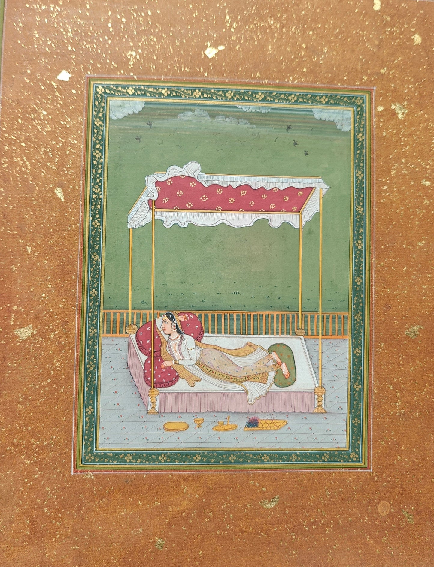 Handpainted Lady on Bed in the Terrace miniature painting on paper, unframed, 26 x 33 cm