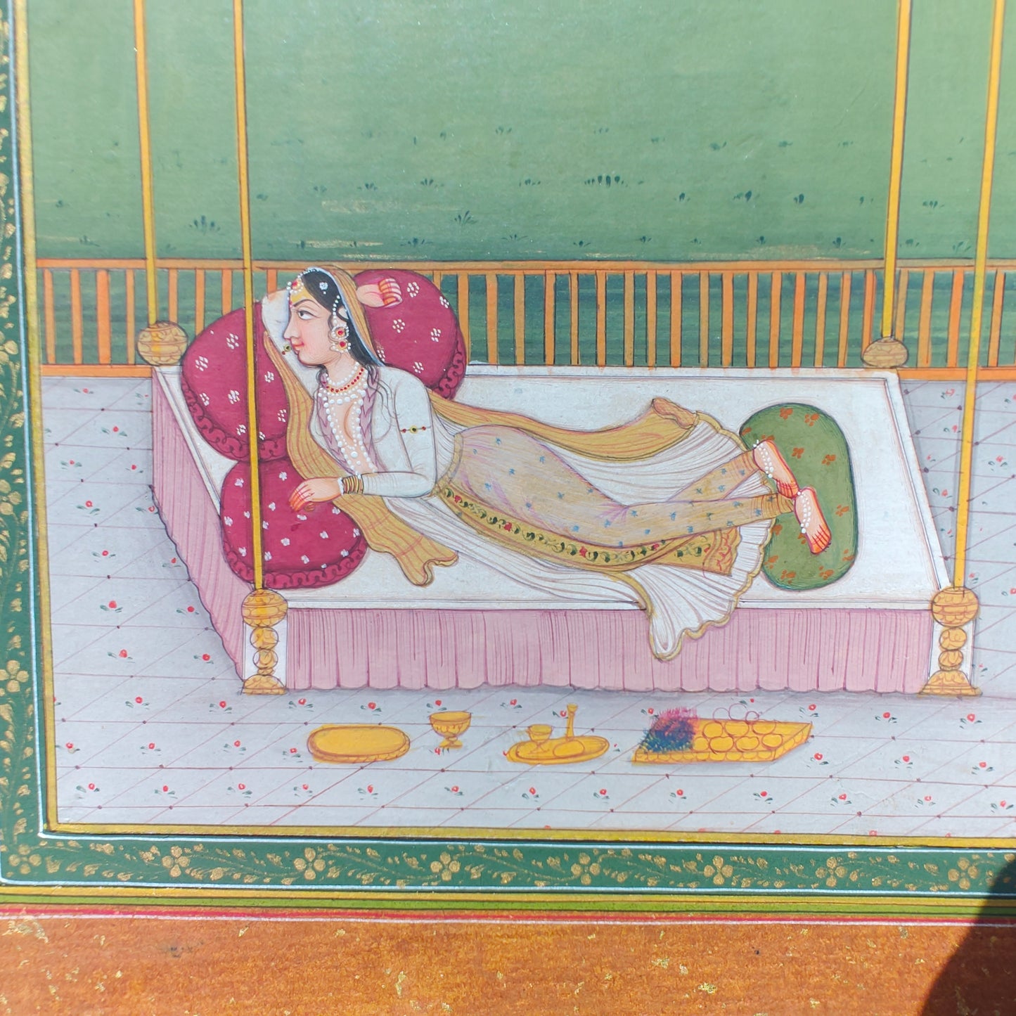 Detail of terrace architecture and night sky with moon in Lady on Bed in the Terrace miniature artwork