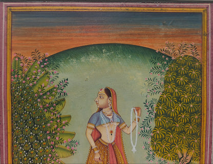 Close-up of lady holding garland in garden scene miniature painting on paper
