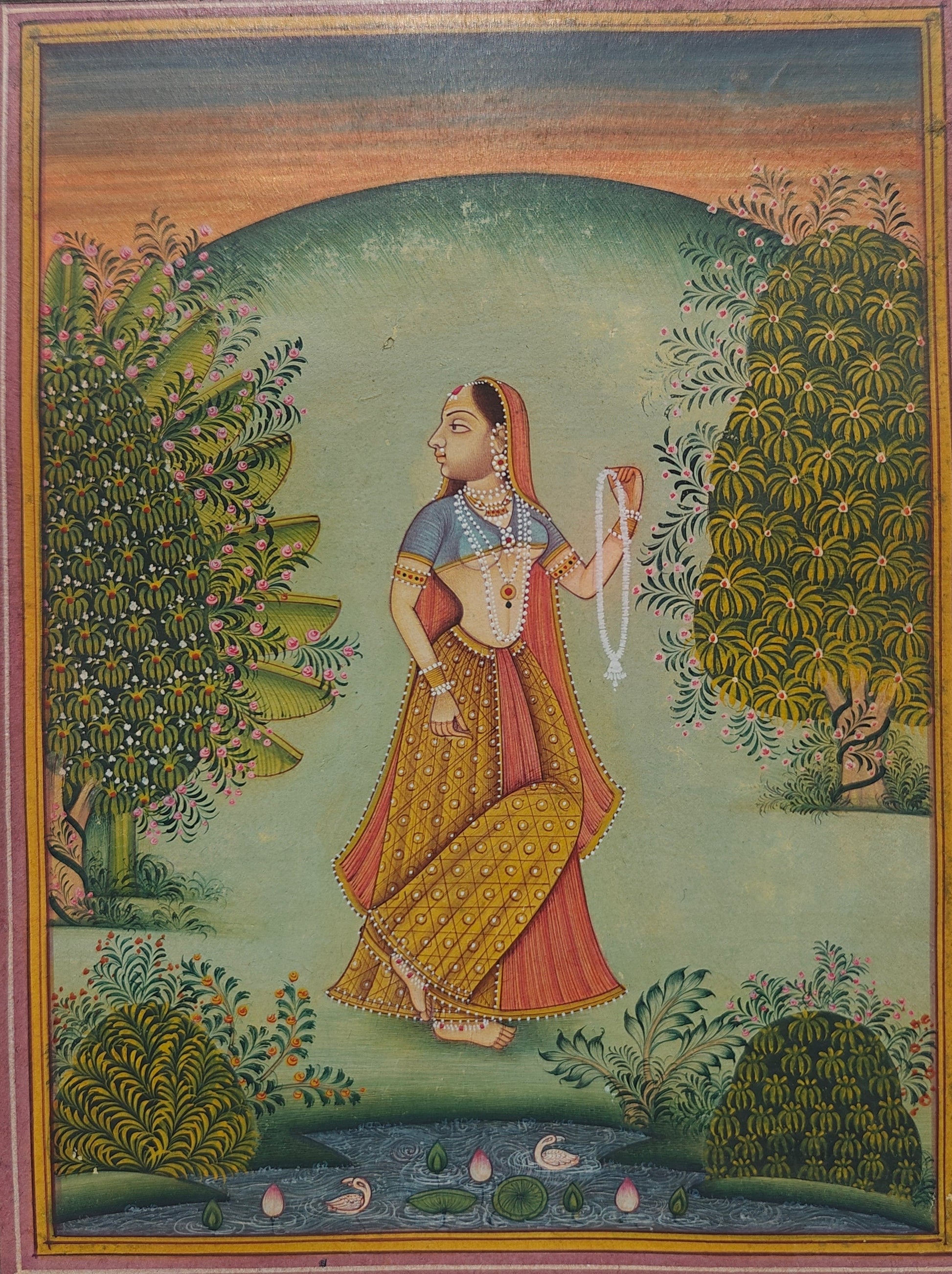 Handpainted Lady with Garland in Garden miniature painting on paper, unframed, 15 x 19.5 cm