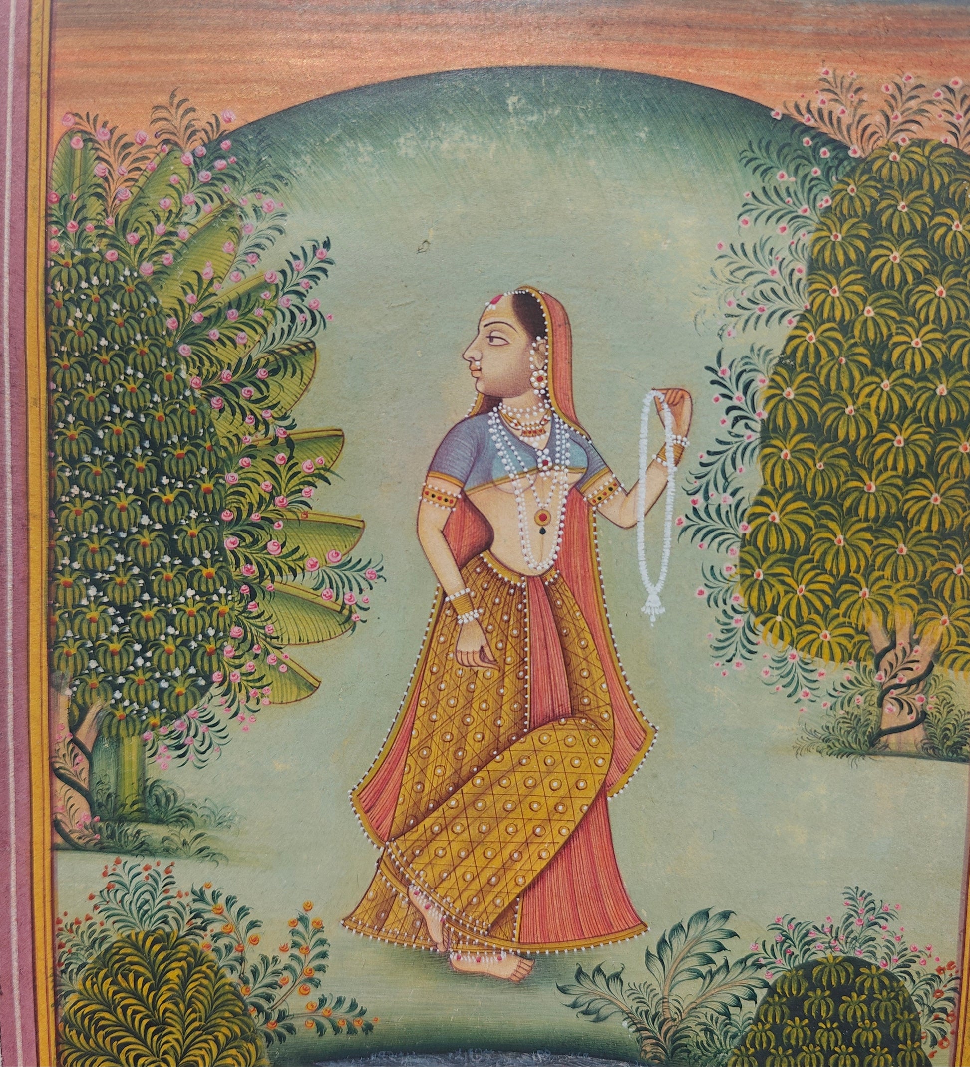 Detail of trees, pond and lotuses in Lady with Garland in Garden miniature artwork
