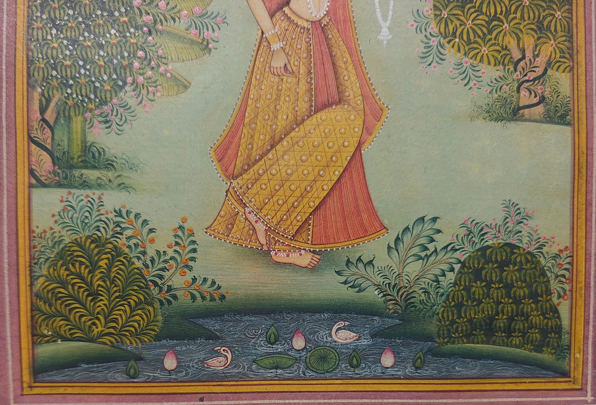Lady with Garland in Garden miniature painting on paper styled with decor accessories