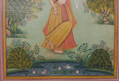 Lady with Garland in Garden miniature painting on paper styled with decor accessories