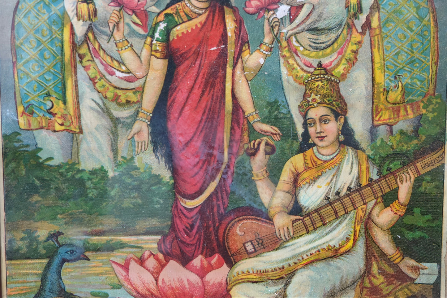 Vintage Oleograph | Goddess Saraswati & Lakshmi | Wisdom & Prosperity | Framed | 10x14 inch