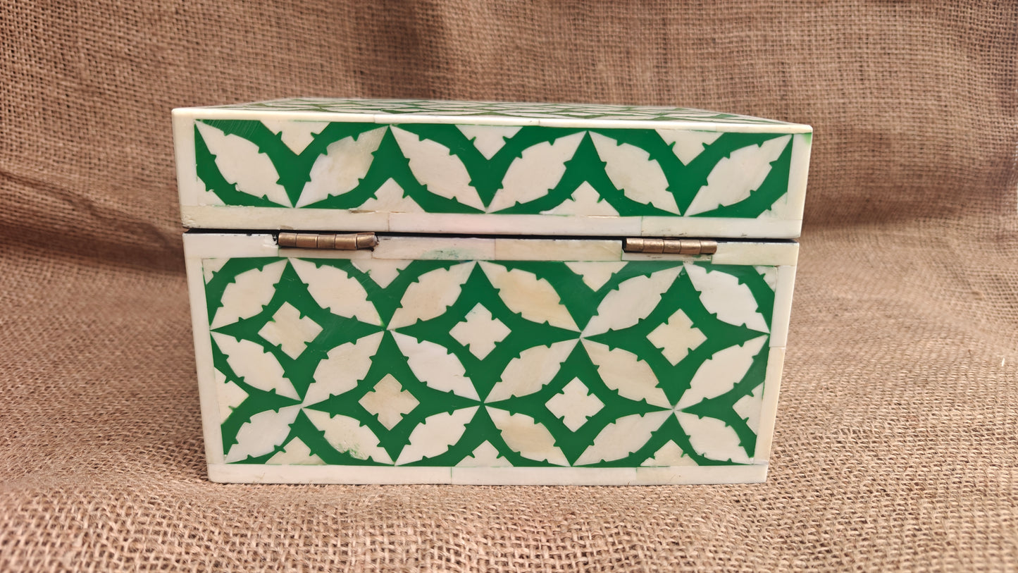 Bone Inlay Floral Box | Green Resin | Handcrafted Jewellery & Keepsake Box | 8x5.5 inch
