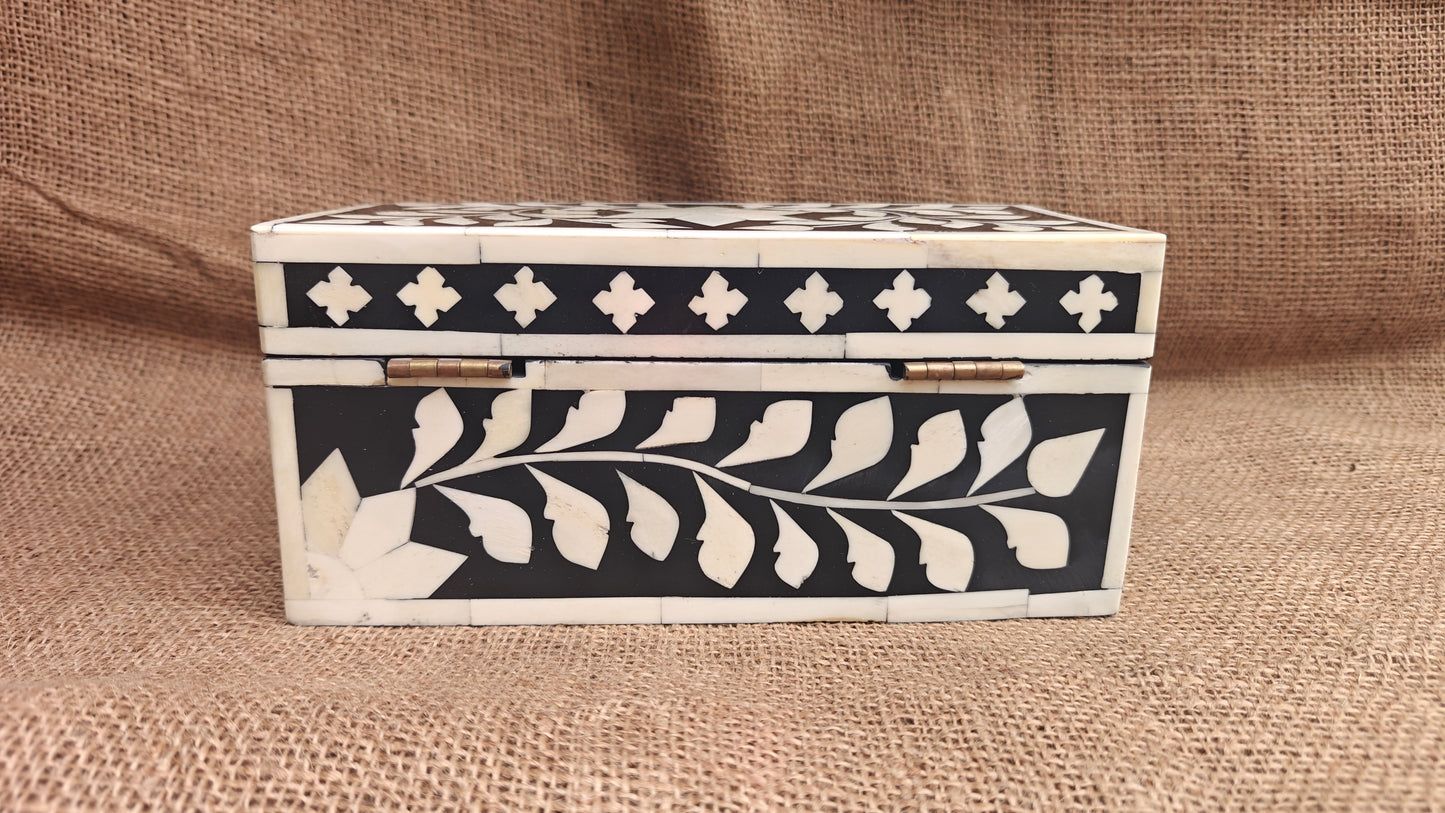 Bone Inlay Floral Box | Black Resin | Handcrafted Jewellery & Keepsake Box | 9x4.5 inch