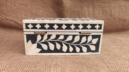 Bone Inlay Floral Box | Black Resin | Handcrafted Jewellery & Keepsake Box | 9x4.5 inch