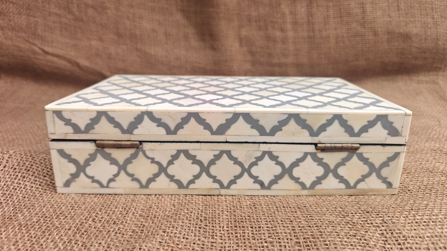 Bone Inlay Mughal Design Box | Grey Resin | Handcrafted Jewellery & Keepsake Box | 12x7 inch