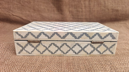 Bone Inlay Mughal Design Box | Grey Resin | Handcrafted Jewellery & Keepsake Box | 12x7 inch