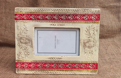 Handcrafted Indian Folk Art Photo Frame | Red & White Multicolour | 4x6 inch