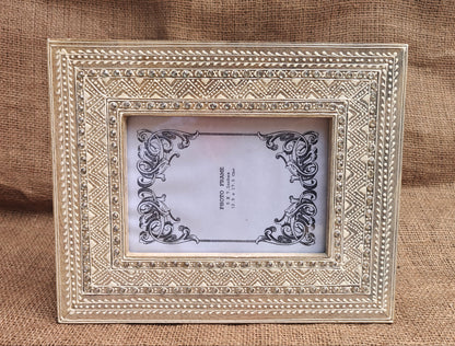 Handcrafted Indian Folk Art Photo Frame | White with Stone Embellishments | 5x7 inch