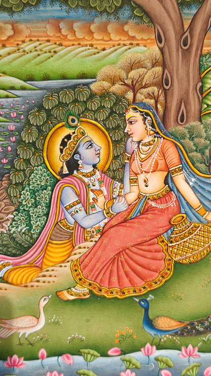 Radha Krishna Miniature Painting | Eternal Love in Nature | Rajasthani Style | 9x12.5 inch