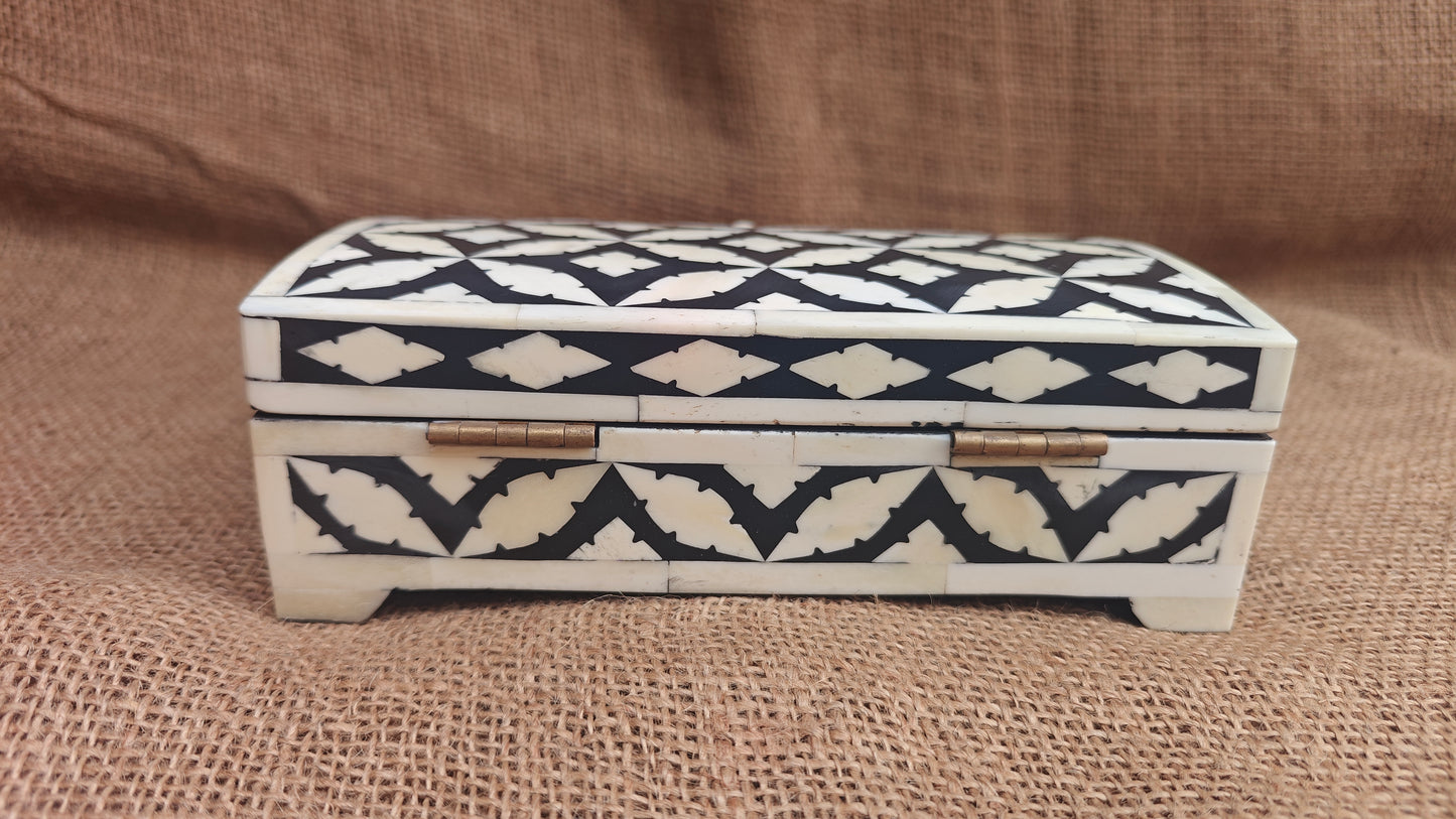 Bone Inlay Geometric Box | Black Resin | Handcrafted Decorative Box | 8x4.5 inch